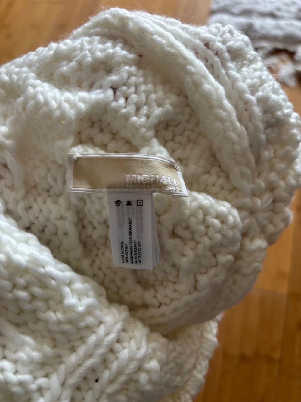 Michael Kors Cream Cable-Knit Beanie with Gold Logo Plaque